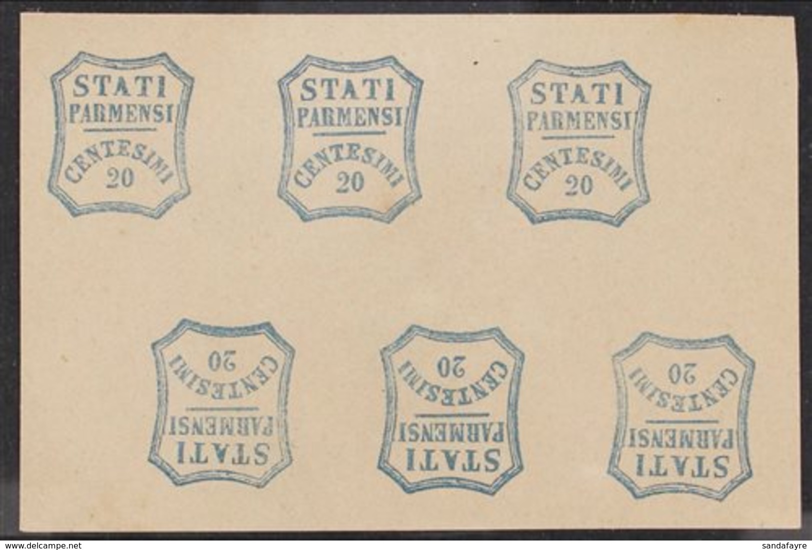 PARMA FORGERIES. 1859 20c Blue (as Sassone 15) Tête Bêche Block Of 6 On Ungummed Paper. (6 Stamps) For More Images, Plea - Non Classificati