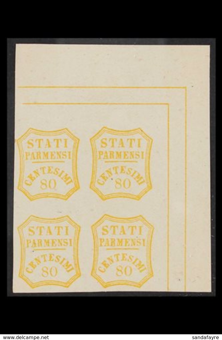 PARMA FORGERIES. 1859 80c Yellow Ochre (as Sassone 18) Corner Block Of 4 On Gummed Paper, Fine Mint (4 Stamps) For More  - Sin Clasificación