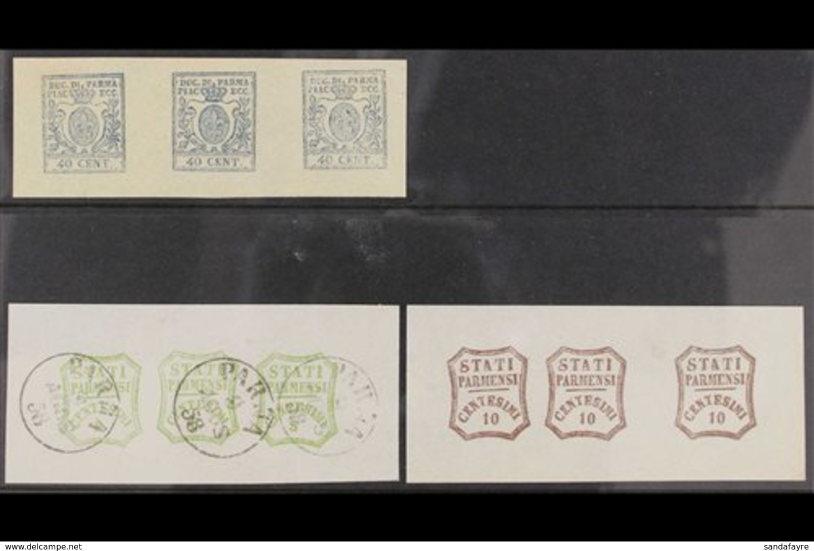 PARMA FOURNIER FORGERIES. 1857-59 Strips Of 3 Including 1857 40c Blue Strip Of 3, Provisional Government 5c Green  "used - Unclassified