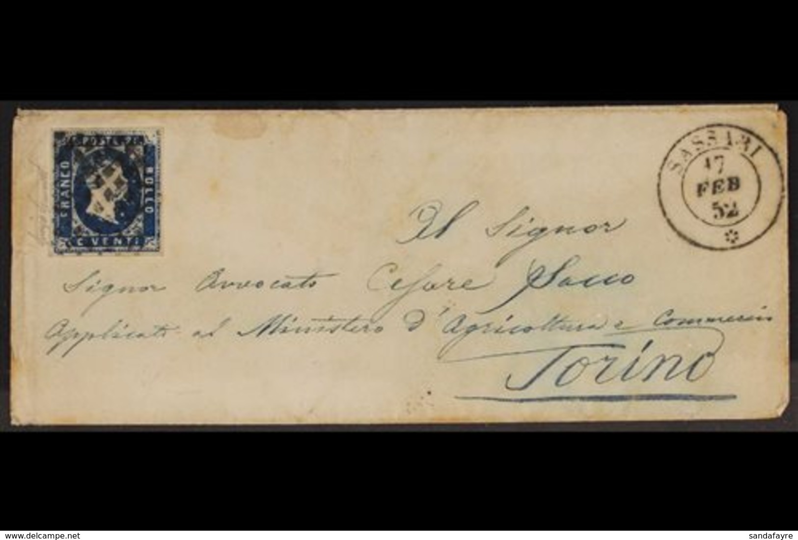 SARDINIA 1852 (17 Feb) Small Env From Sassari (on The Island Of Sardinia) To Torino Bearing 20c Blue With 4 Large Margin - Unclassified