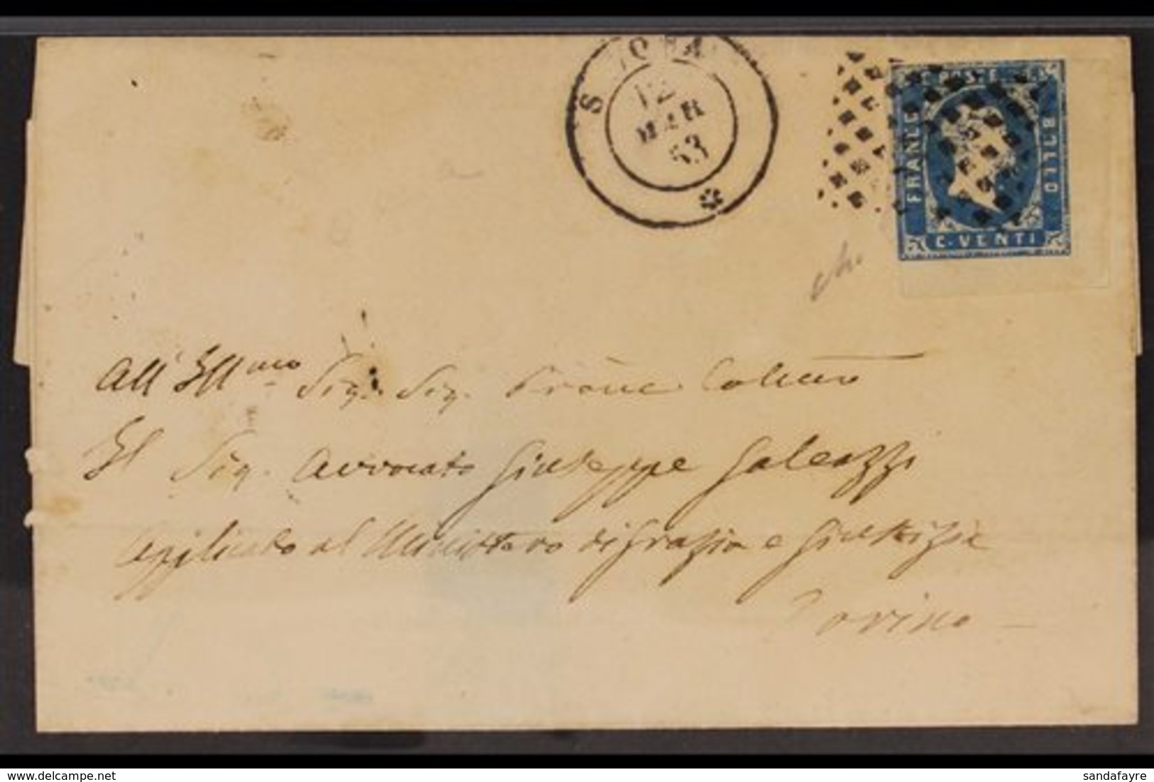 SARDINIA 1853 (12 Mar) EL From Savona To Torino Bearing A 20c Blue (Sassone 2) From The Lower- Right Corner Of The Sheet - Non Classificati