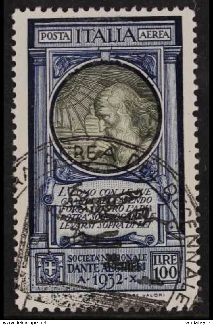 1932 100L Blue And Olive Dante Society Air Post, Sassone 41, Used With Superb Illustrated Cancellation For The North Atl - Unclassified