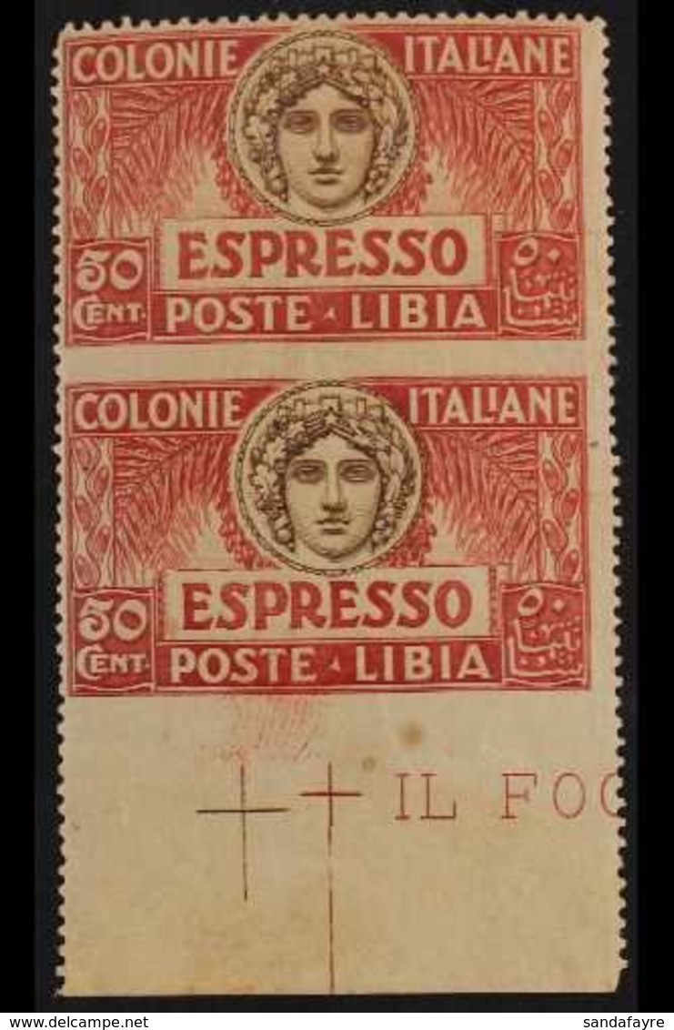 LIBYA EXPRESS 1921 50c Red And Brown, Vertical Pair, Variety "imperf Horizontally", Sass 4i, Fine Mint. For More Images, - Otros & Sin Clasificación