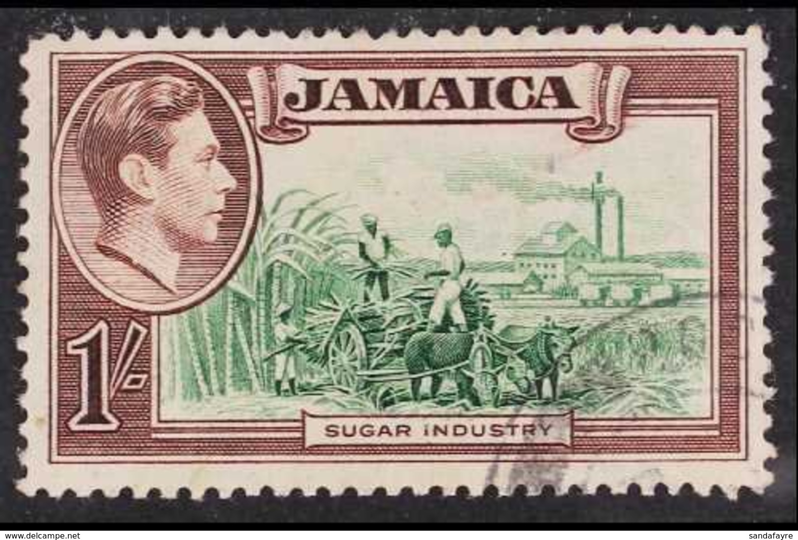 1938-52 1s Brown & Green "Sugar Industry", Variety "REPAIRED CHIMNEY", SG 130a, Good Used With Some Minor Imperfections  - Jamaica (...-1961)