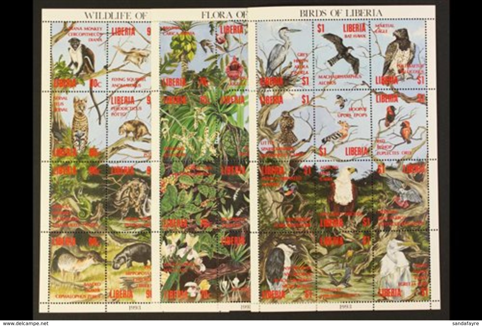 1993-94 Flora & Fauna (Wildlife/Flora/Birds) Sheetlet Set, Scott 1159/61, Never Hinged Mint ( 3 Se-tenant Sheetlets Of 1 - Liberia