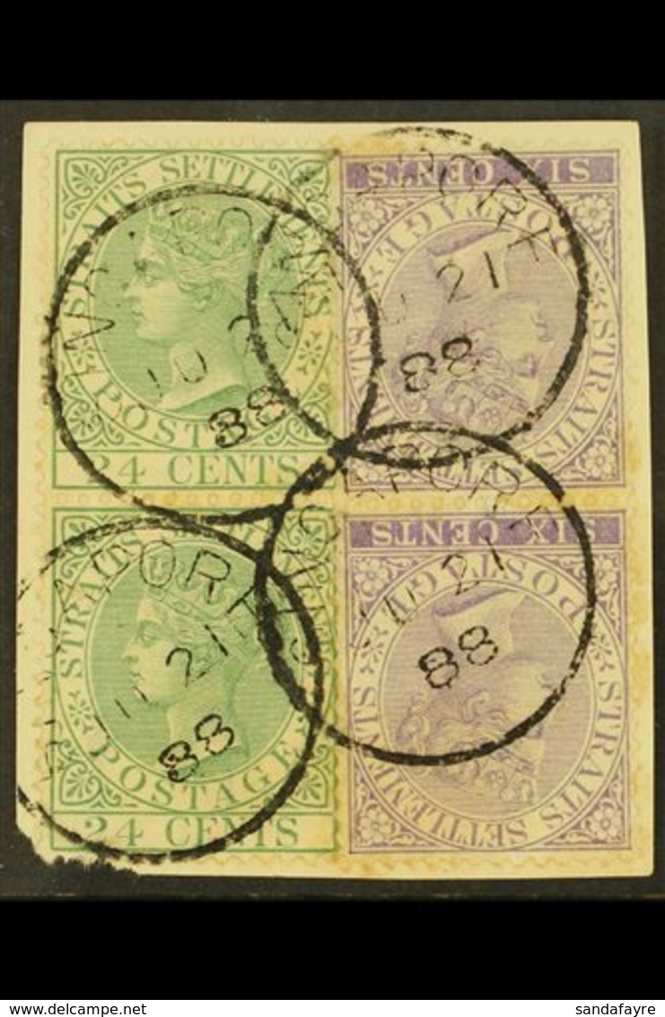 1883 6c Lilac Vertical Pair And 24c Green Vertical Pair, SG 66, 68a Used On Piece With Singapore Cds Cancels. Highly Att - Straits Settlements