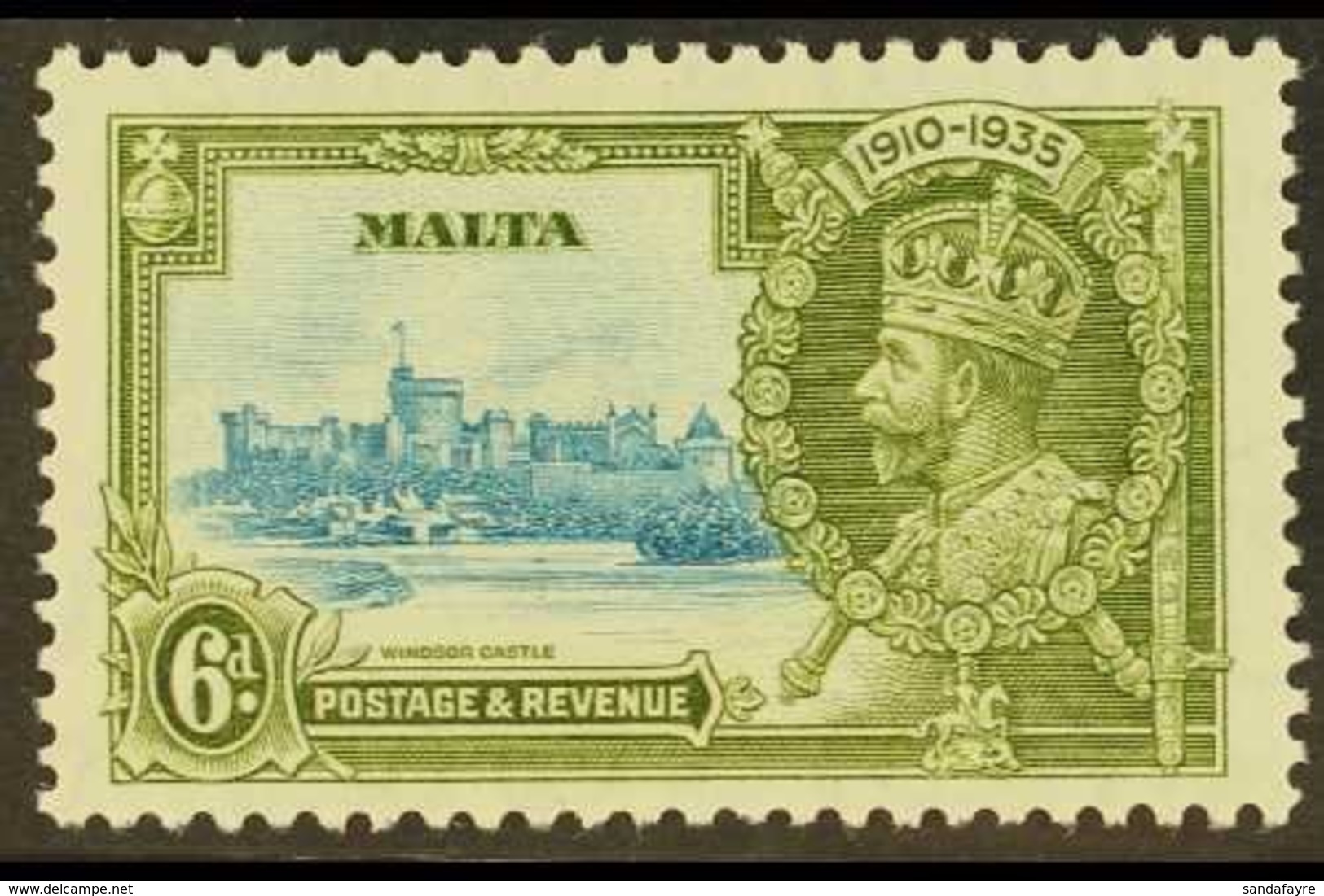 1935 SILVER JUBILEE 6d Light Blue And Olive-green, Showing LIGHTNING CONDUCTOR, SG 212c, Very Fine Mint. For More Images - Malta (...-1964)