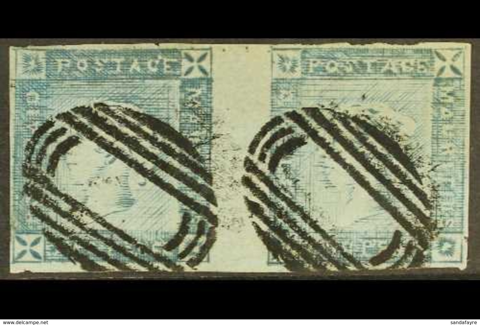 1859 2d Blue "Lapirot" Worn Impression, SG 39, Used HORIZONTAL PAIR From Positions 1 And 2, With 4 Small / Close Margins - Maurice (...-1967)