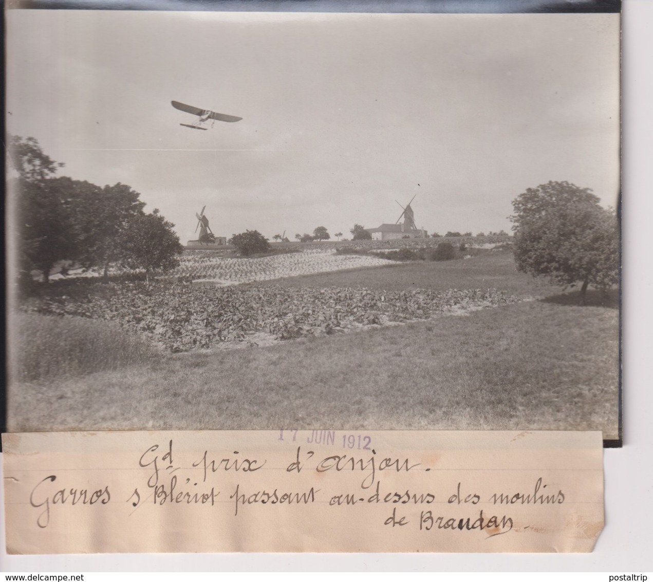 GRAND PRIX D'ANJOU GARROS S BLERIOT PASSANT DES MOULINS DE BRAUDAN  18*13CM Maurice-Louis BRANGER PARÍS (1874-1950) - Aviation