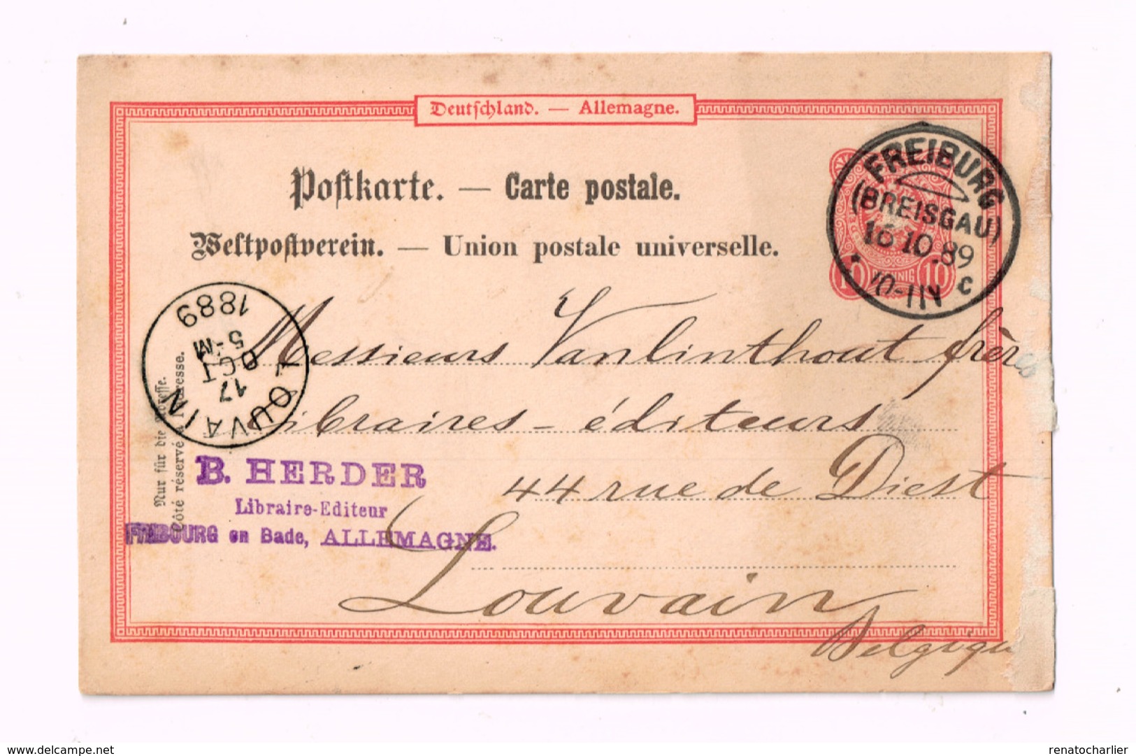 Entier Postal à 10 Pfennig.Expédié De Freiburg (Baden) à LOuvain (Belgique) - Altri & Non Classificati