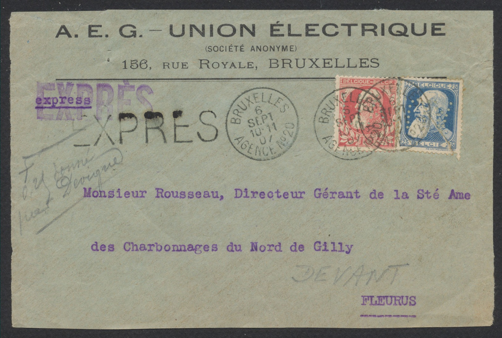 Grosse Barbe - N°74 Et 76 Perforé Sur DEVANT En Expres Obl Agence "Bruxelles Agence N°20" Vers Fleurus - 1905 Breiter Bart