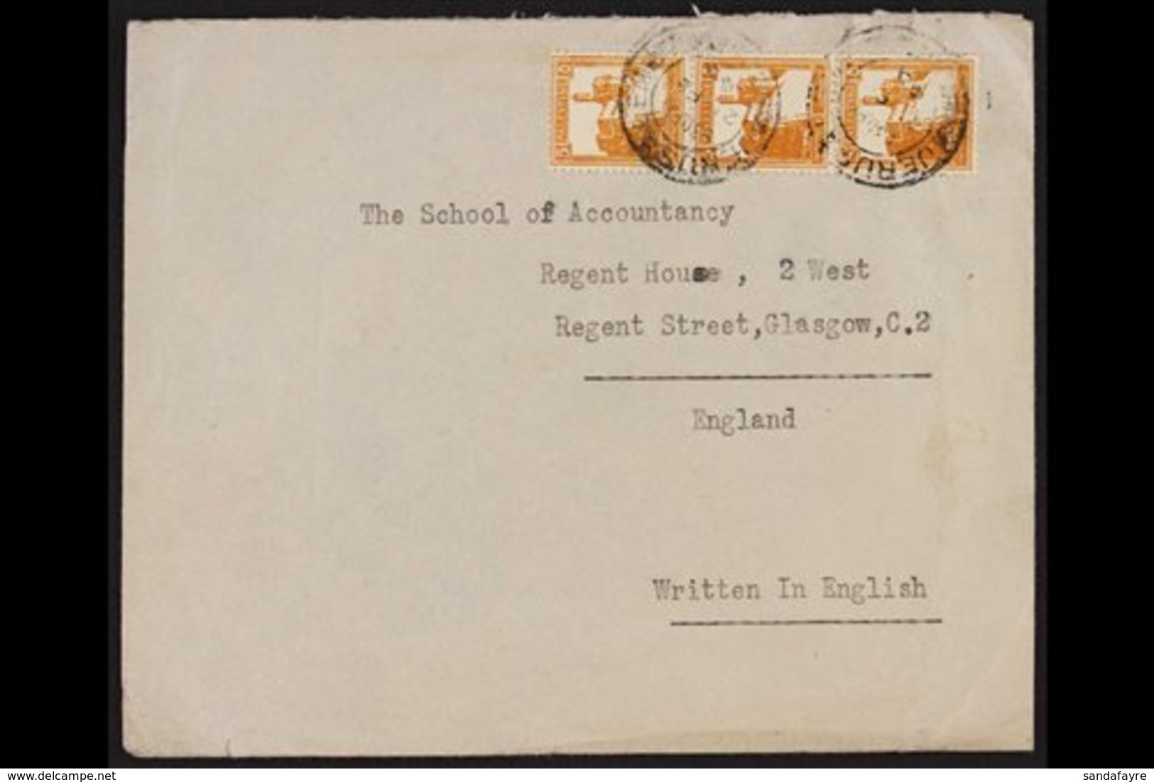 1945 Cover To England Franked 5m Coil Strip Of 3, SG 93a, Tied By Jerusalem 21 Feb 45 Cds. For More Images, Please Visit - Palästina