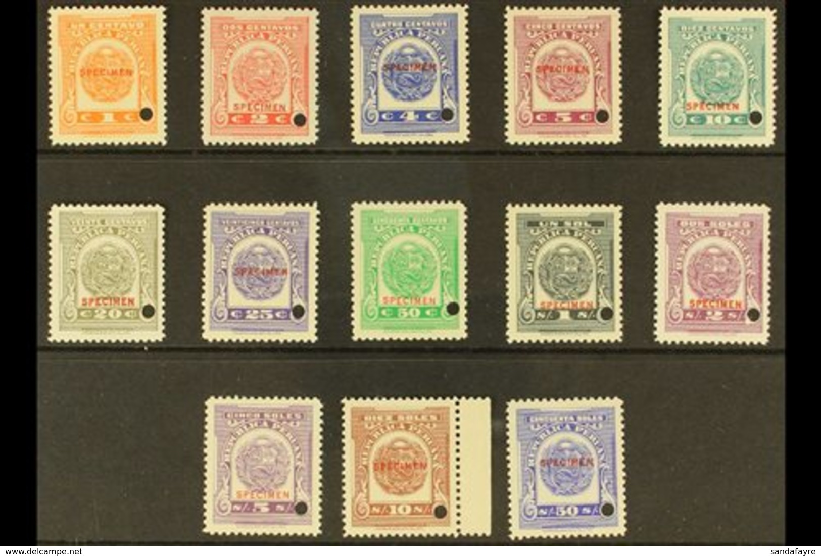 REVENUES DOCUMENT STAMPS 1937 Complete Set With "SPECIMEN" Overprints And Small Security Punch Holes, Never Hinged Mint  - Perú