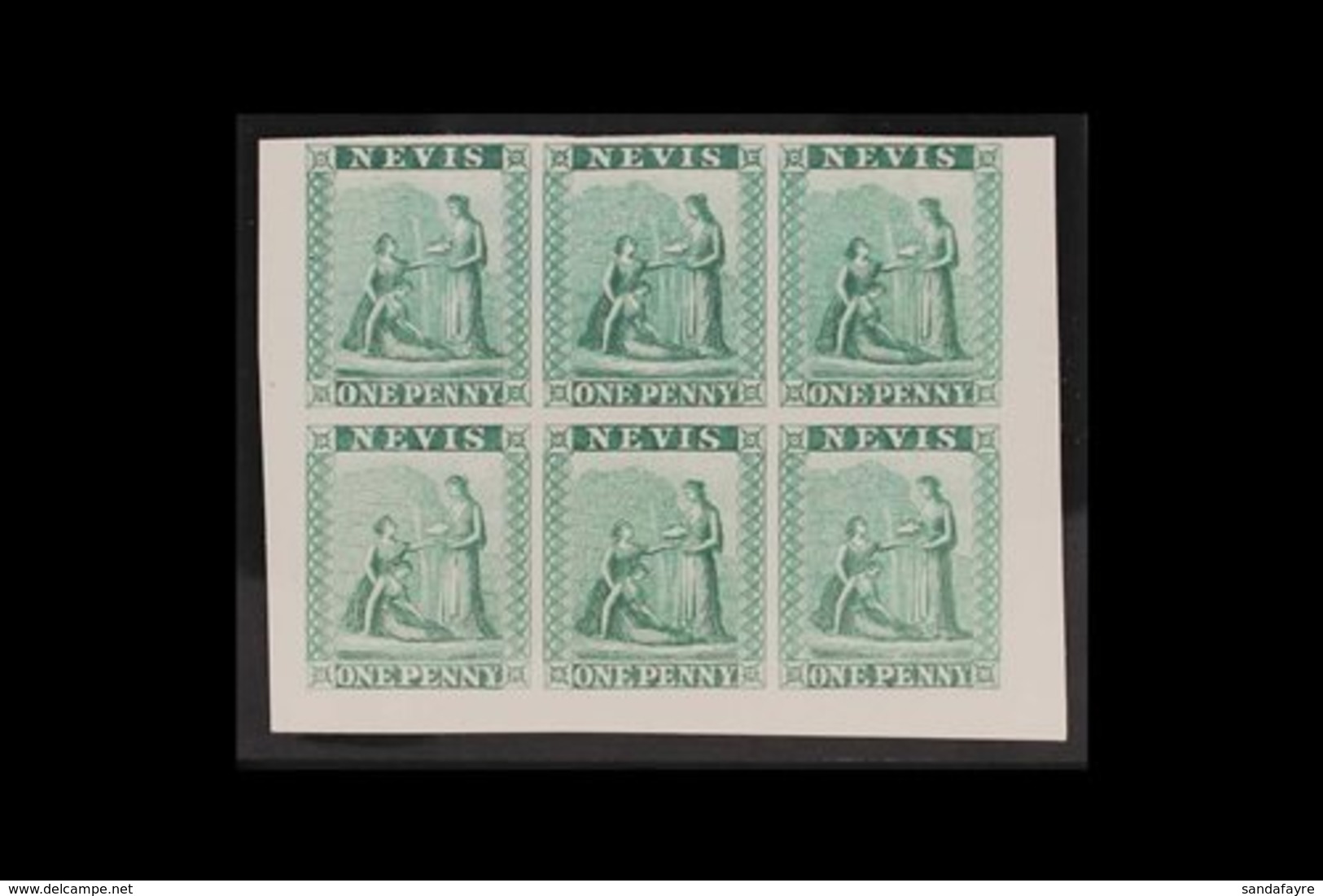 1862 IMPERF PROOFS. 1d Green (as SG 1) IMPERF COLOUR PROOFS BLOCK Of 6 (positions 7 To 12) Printed In Unissued Colour On - St.Christopher-Nevis & Anguilla (...-1980)