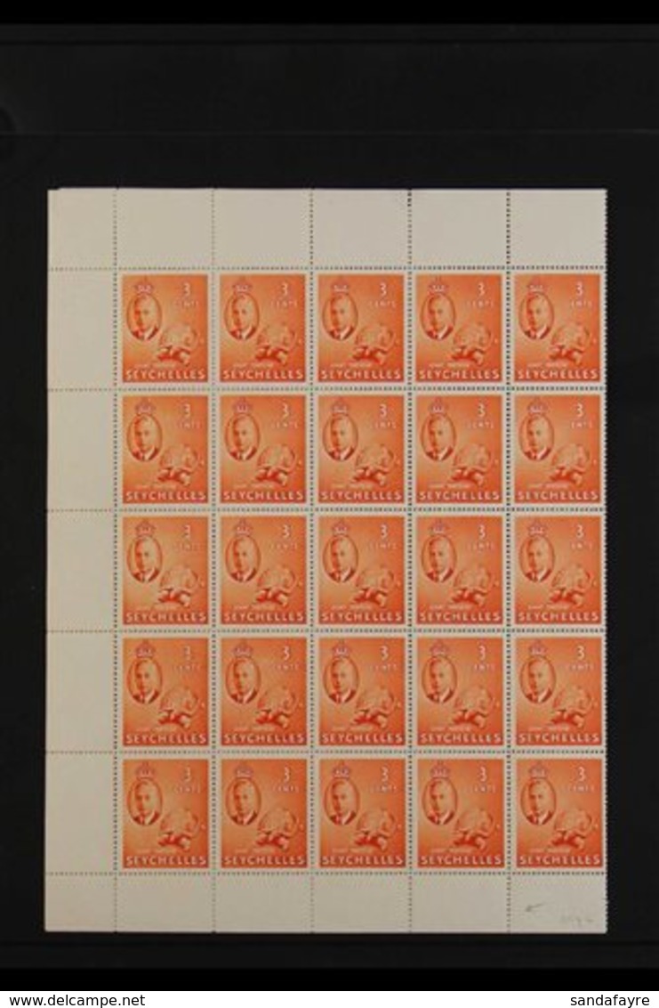 1952 COMPLETE SHEET WITH VARIETY. 3c Orange Giant Tortoise, SG 159, Complete Sheet Of Fifty, Showing Error St Edward's C - Seychelles (...-1976)