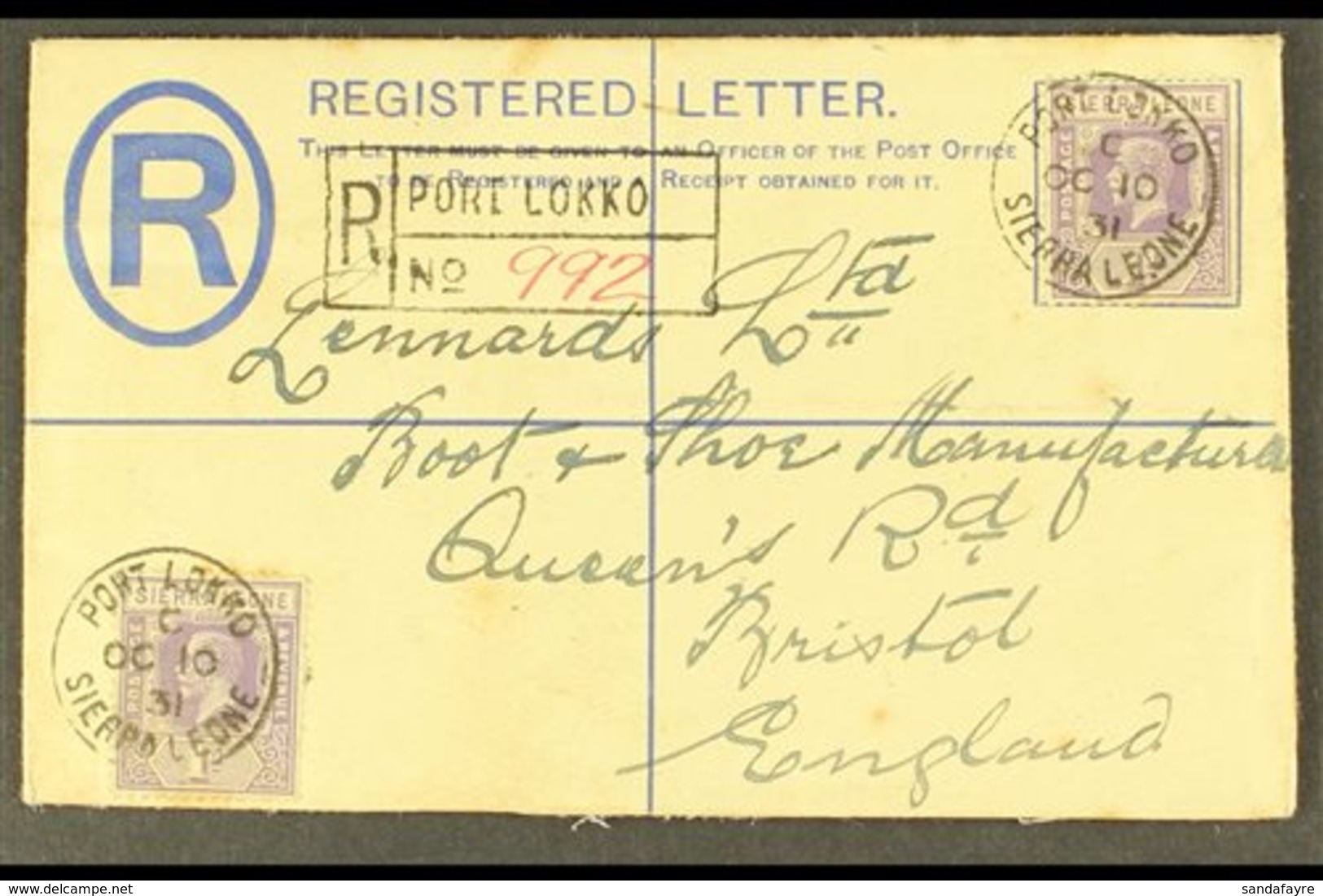1931 (Oct) 3d Registered Envelope With Additional 1d X2, Port Lokko To England, Neat And Attractive. For More Images, Pl - Sierra Leona (...-1960)