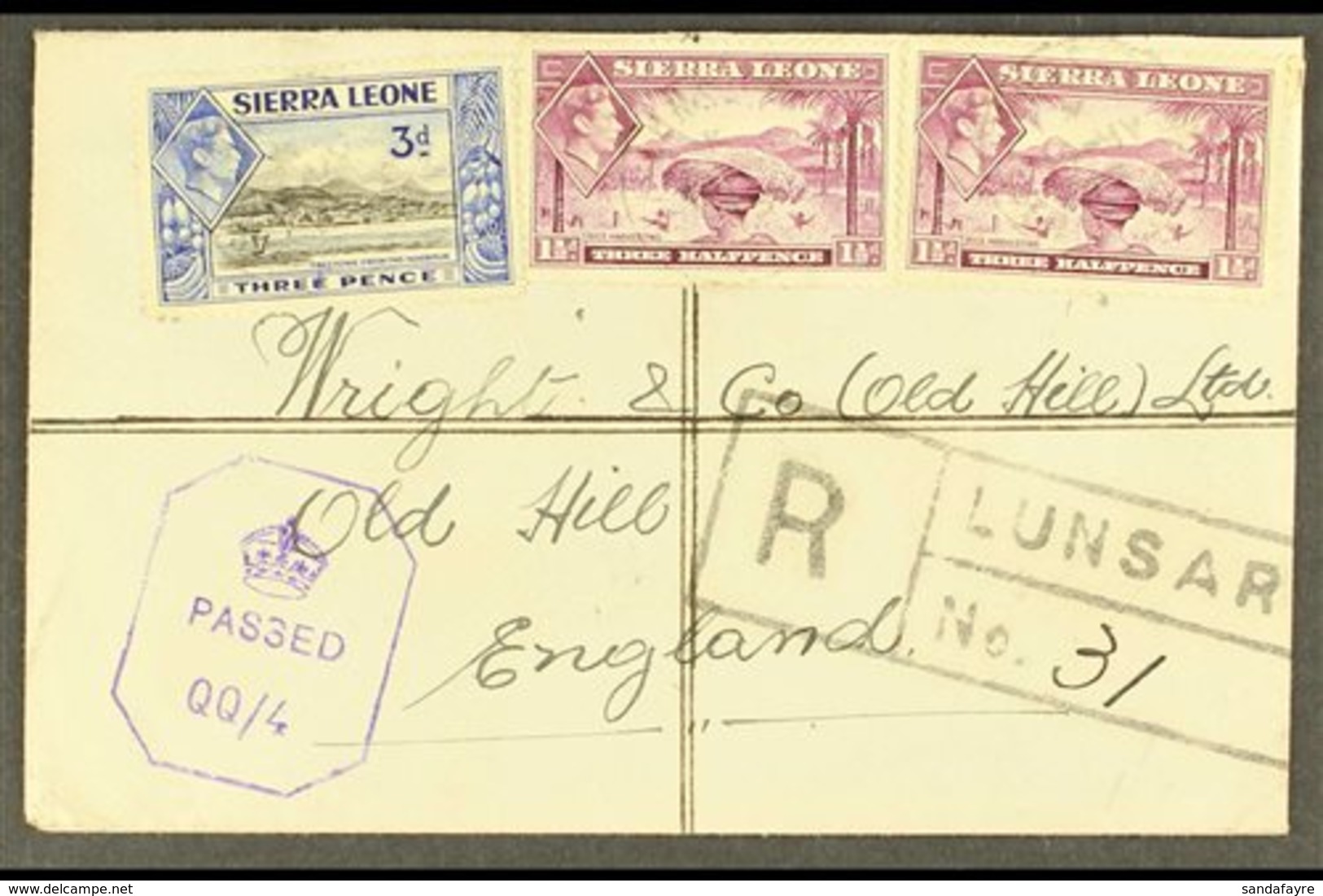 1945 (May) Envelope Registered From Lunsar To England, Bearing 1½d X2 And 3d Tied Cds's, Lunsar Boxed Registration Mark, - Sierra Leone (...-1960)