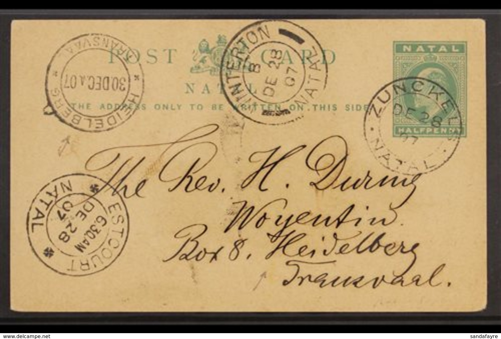 NATAL FOUR C.D.S. POSTMARKS - 1907 KEVII ½d Postal Stationery Postcard Addressed To Transvaal, Posted Zunckel And Then ( - Ohne Zuordnung