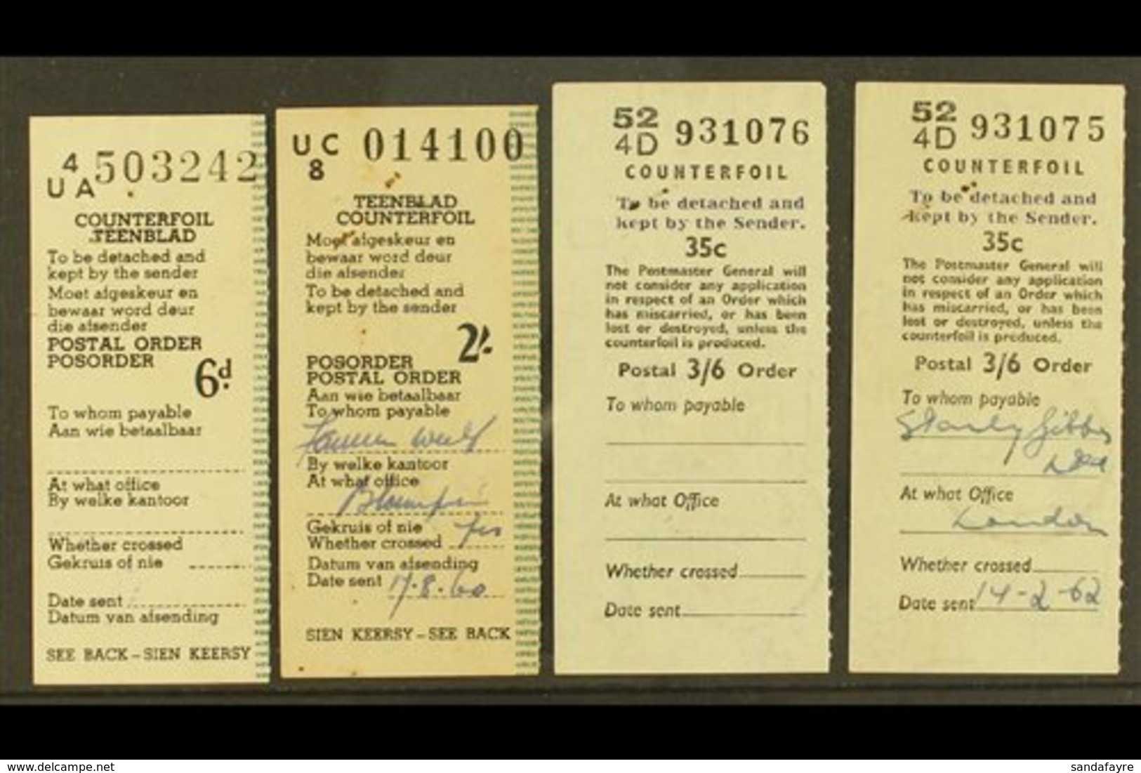 POSTAL ORDER COUNTERFOILS Group Incl. Two Union Type 6d & 2s Values With "Ramsgate" 9.8.60 C.d.s. On Reverse And GB Type - Unclassified