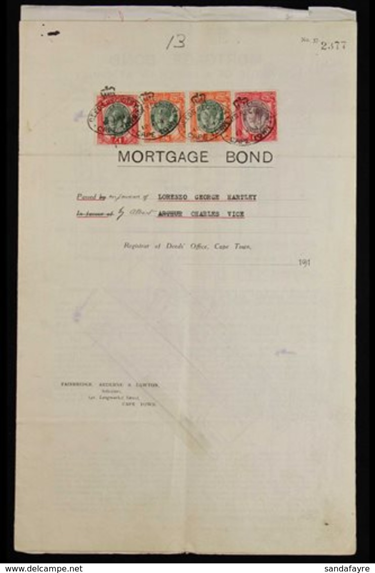 REVENUES ON DOCUMENT 1919 MORTGAGE BOND With Various 1913 KGV Types To £1 Affixed, Additional Page Added With 5s Pair An - Unclassified