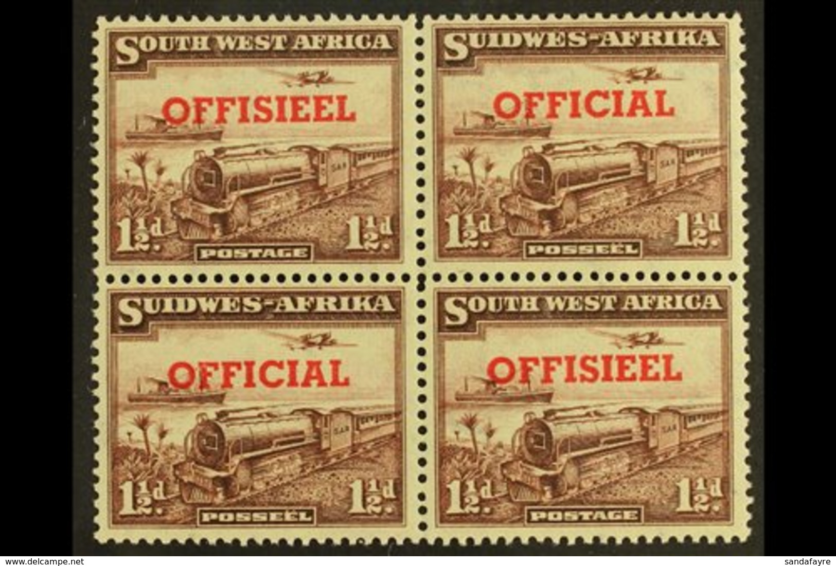 OFFICIAL 1951-2 1½d TRANSPOSED OVERPRINTS In A Block Of Four, SG O25a, Top Pair Lightly Hinged, Lower Pair Never Hinged  - Afrique Du Sud-Ouest (1923-1990)