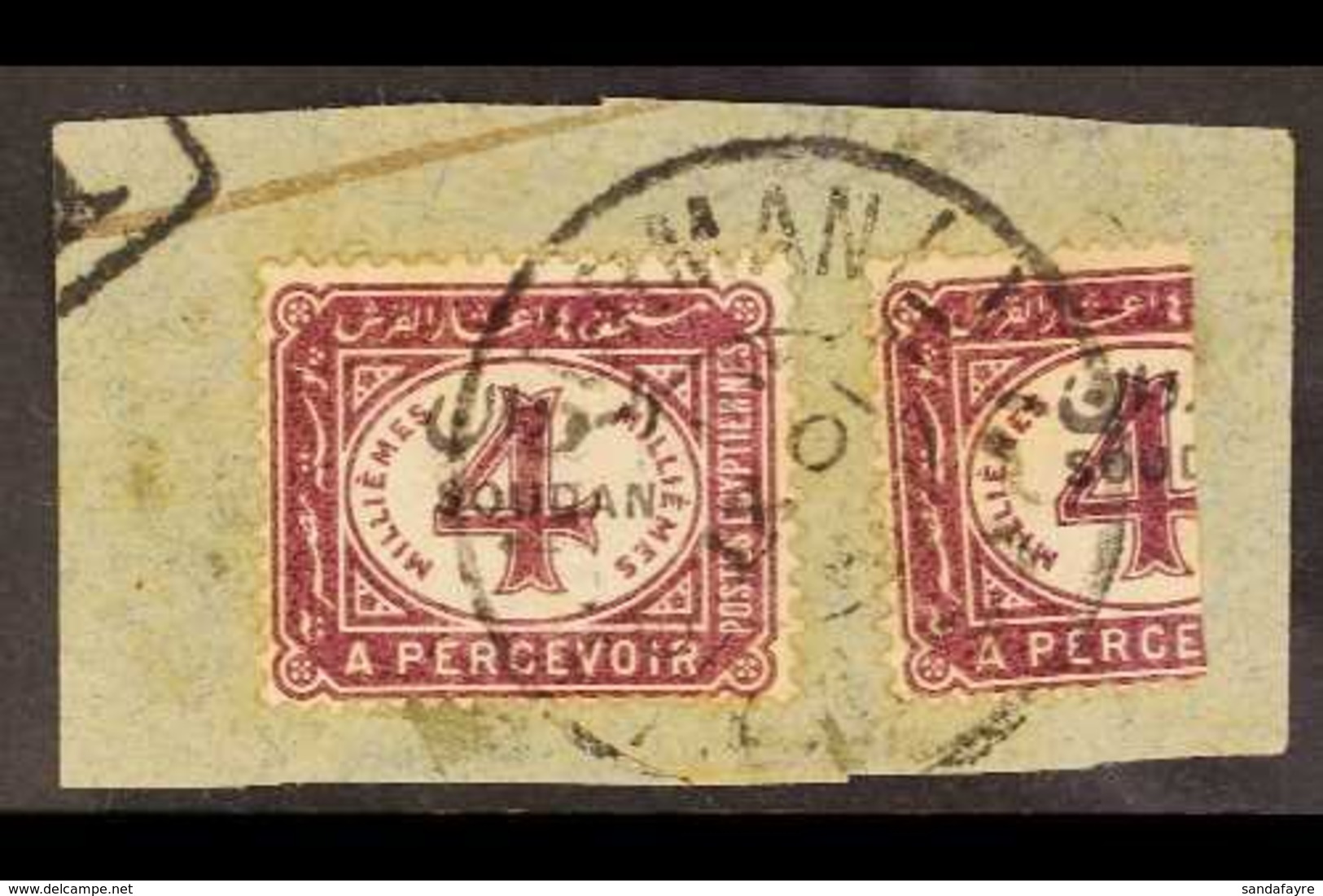 POSTAGE DUE 1897 4m Maroon BISECTED On Piece, SG D2a, Tied Omdurman Cds Of 6/9/01. Very Scarce, Some Minor Faults / Stai - Sudan (...-1951)
