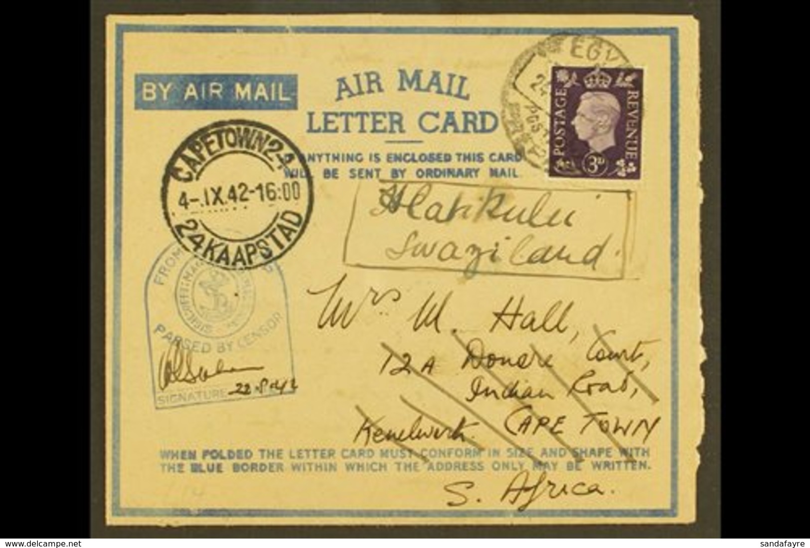 1942 Incoming Censored Air Mail Letter Card From Allied Forces In Egypt, Originally Addressed To Cape Town And Redirecte - Swaziland (...-1967)