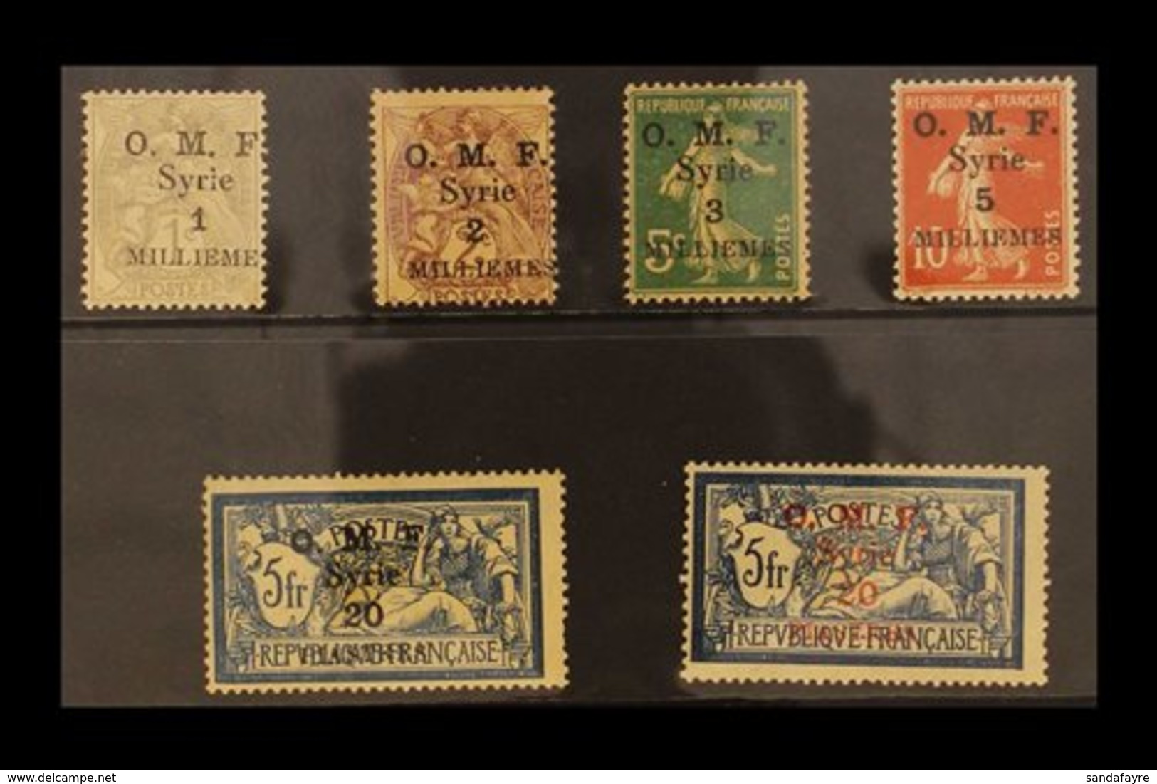 1920 1m To 20p On 5fr "Thick O.M.F." Set Complete, SG 25/30, Very Fine Mint. Scarce Set. High Values Signed Brun.  (6 St - Syria