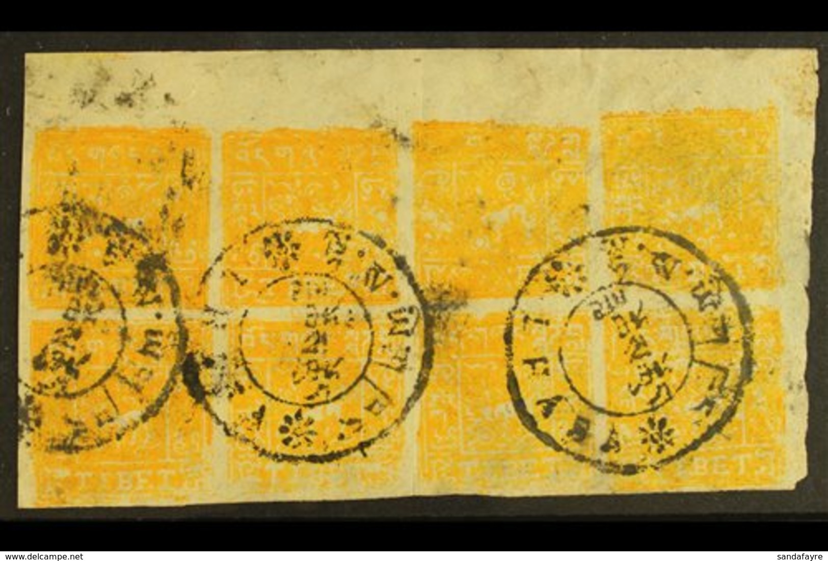 1933 ½t Orange, Imperf, SG 9B, Used Block Of 8, Fine Used. Full Margins To 3 Sides, A Little Wear To The Bottom Edge. Sc - Tibet