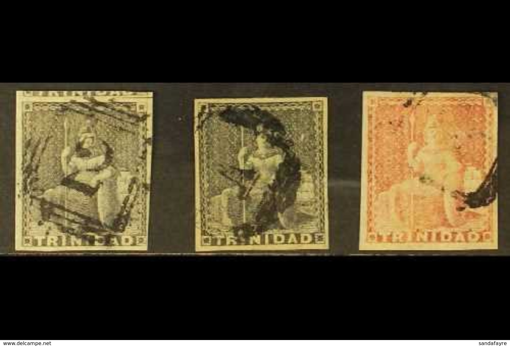 1854-57 (1d) Deep Purple, (1d) Dark Grey, And (1d) Rose-red Britannia Issue On White Paper, SG 9, 10, 12, Each Four Marg - Trinité & Tobago (...-1961)