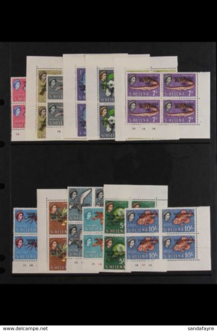 1963 Resettlement Definitives Complete Set, SG 55/57, Corner Marginal BLOCKS OF FOUR Never Hinged Mint. (13 Blocks = 52  - Tristan Da Cunha