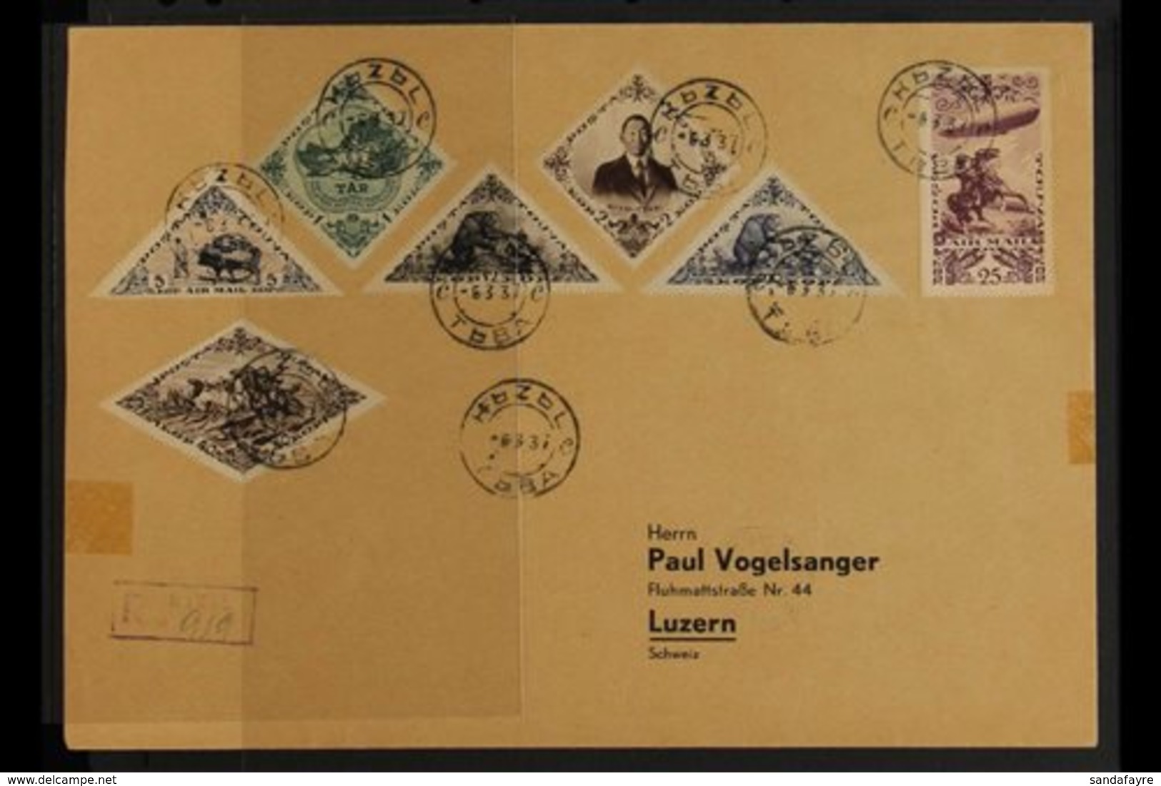 1937 (March 6th) Large Registered Cover To Lucerne Switzerland From Kizil Bearing Partial 1936 Anniversary Of Independen - Tuva