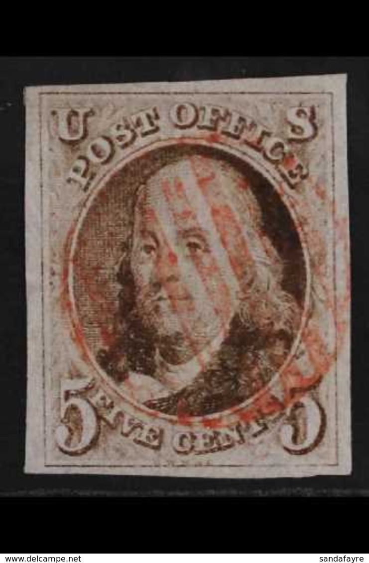 1847 5c Dark Brown, SG 1b, Scott 1a, Very Fine Used With 4 Large Margins And Light Red Grid Cancel. Lovely. For More Ima - Otros & Sin Clasificación