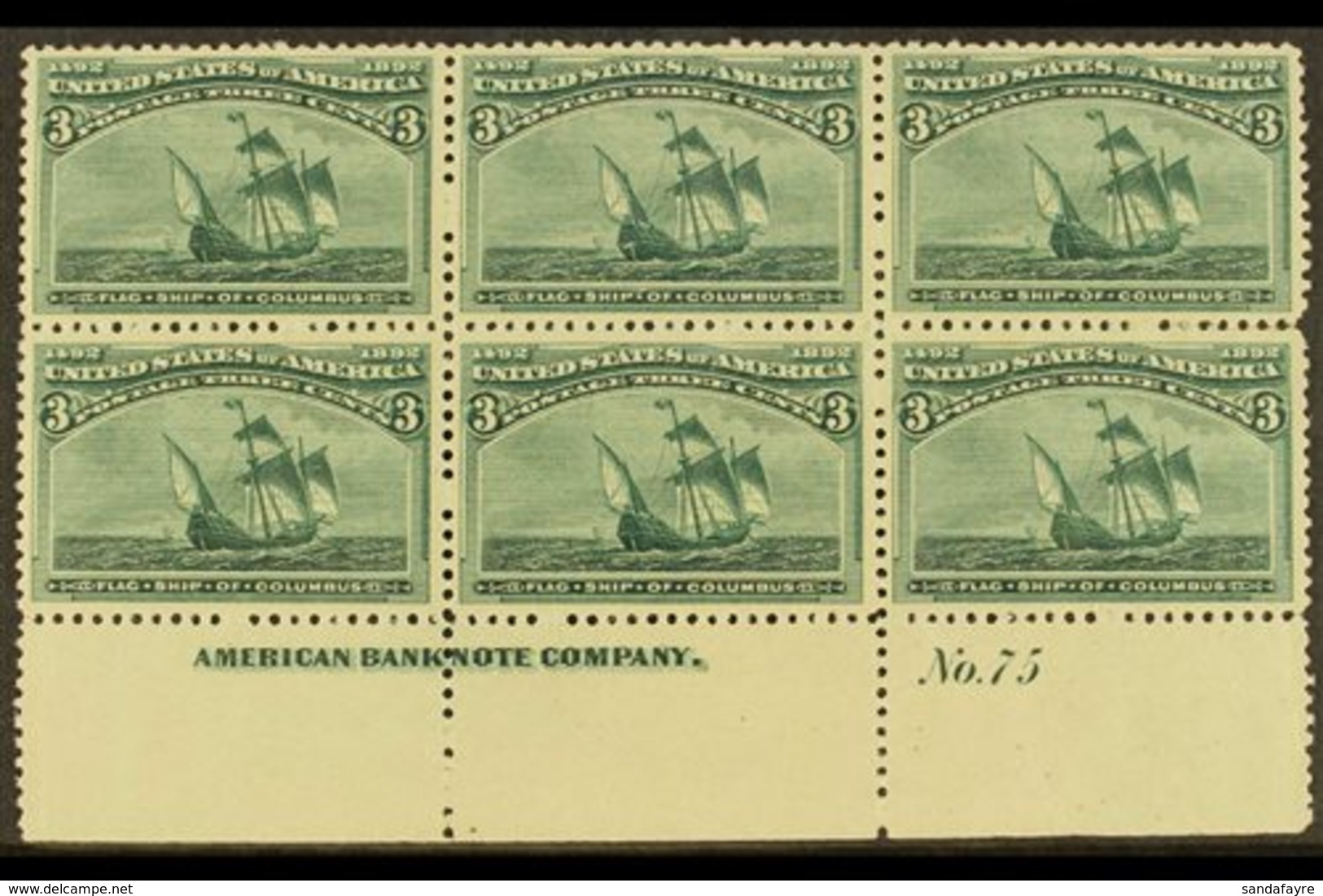 1893 3c Green Columbus, Scott 232, Fine Never Hinged Mint Lower Marginal PLATE 'No. 75' & IMPRINT 'American Bank Company - Otros & Sin Clasificación