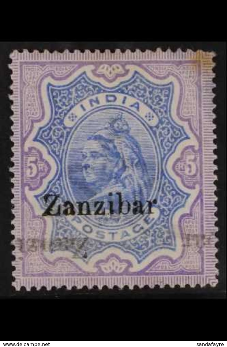 1895 5r Ultramarine And Violet, Variety "overprint Double One Inverted", SG 21l, Corner Fault Otherwise Fine And Scarce. - Zanzibar (...-1963)