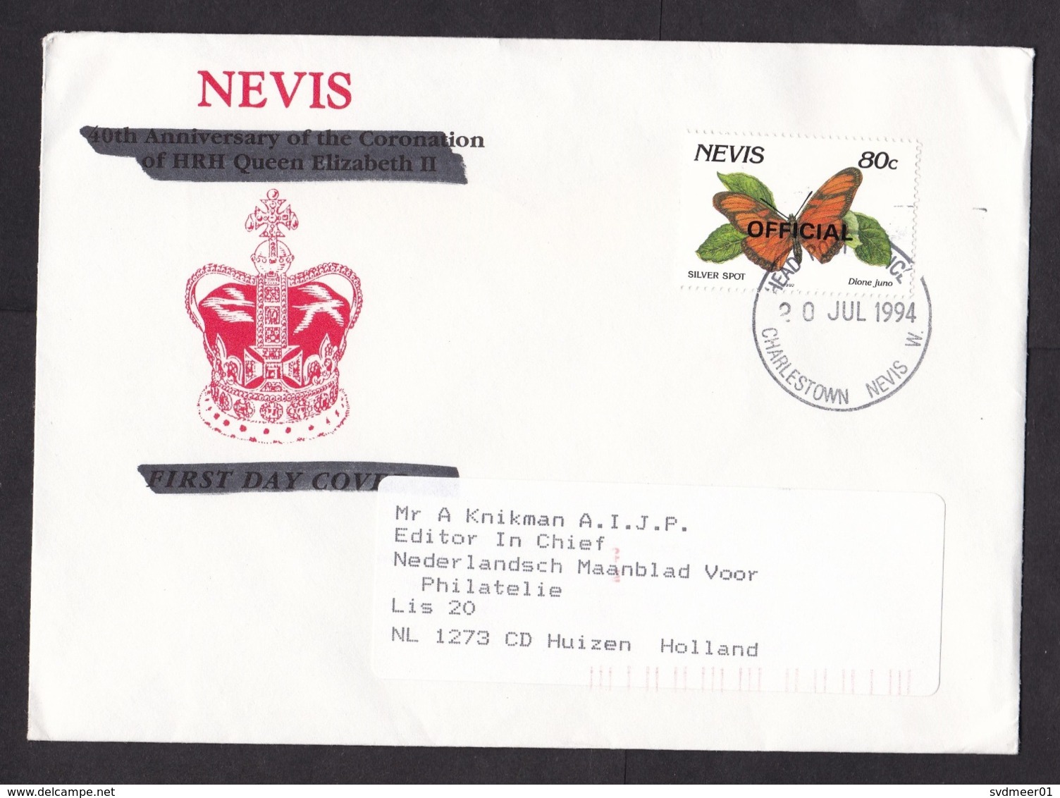 Nevis: Cover To Netherlands, 1994, 1 Stamp, Silver Spot Butterfly, Insect, Overprint Official (traces Of Use) - St.Kitts En Nevis ( 1983-...)