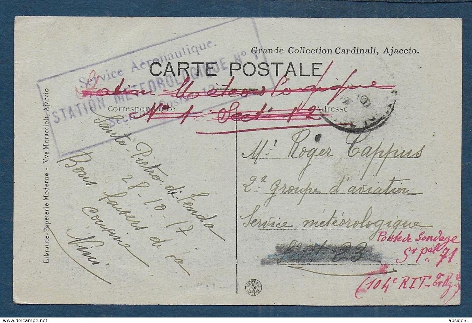 Cachet  Service Aéronotique STATION METEOROLOGIQUE N° 1 - Secteur Postal 12 - Guerra Del 1914-18