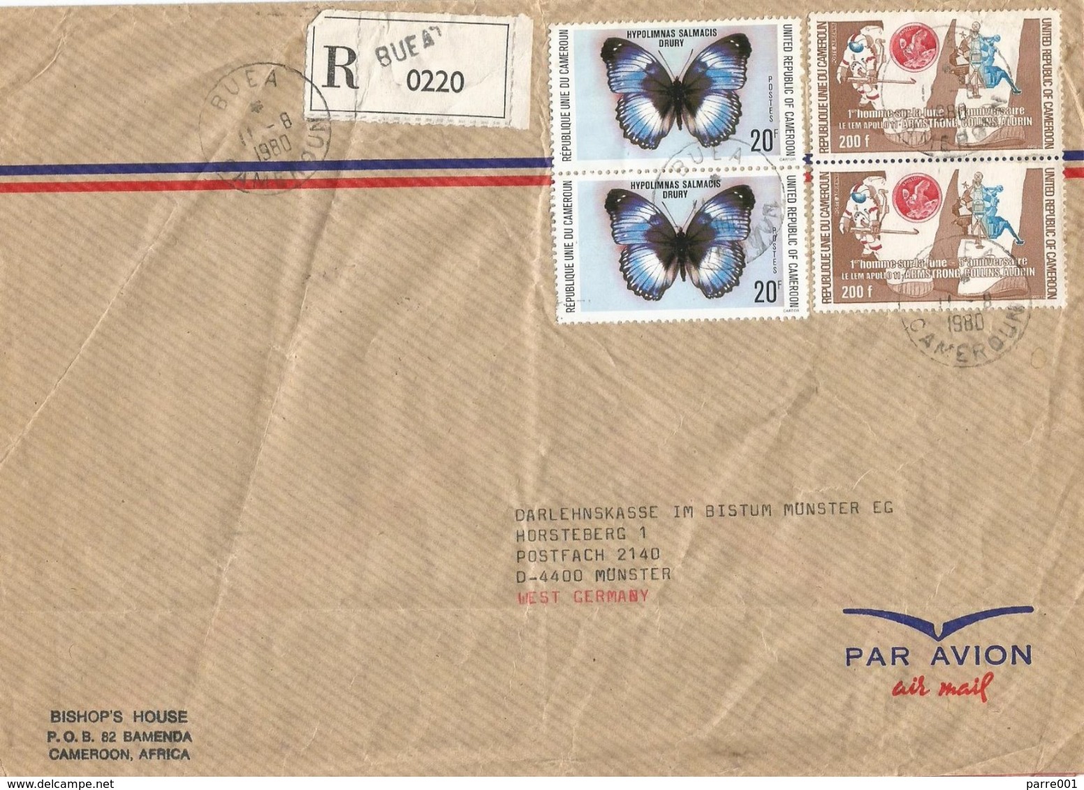 Cameroon Cameroun 1980 Buea Apollo XI Moonlanding Armstrong Butterfly Registered Cover - Kameroen (1960-...)