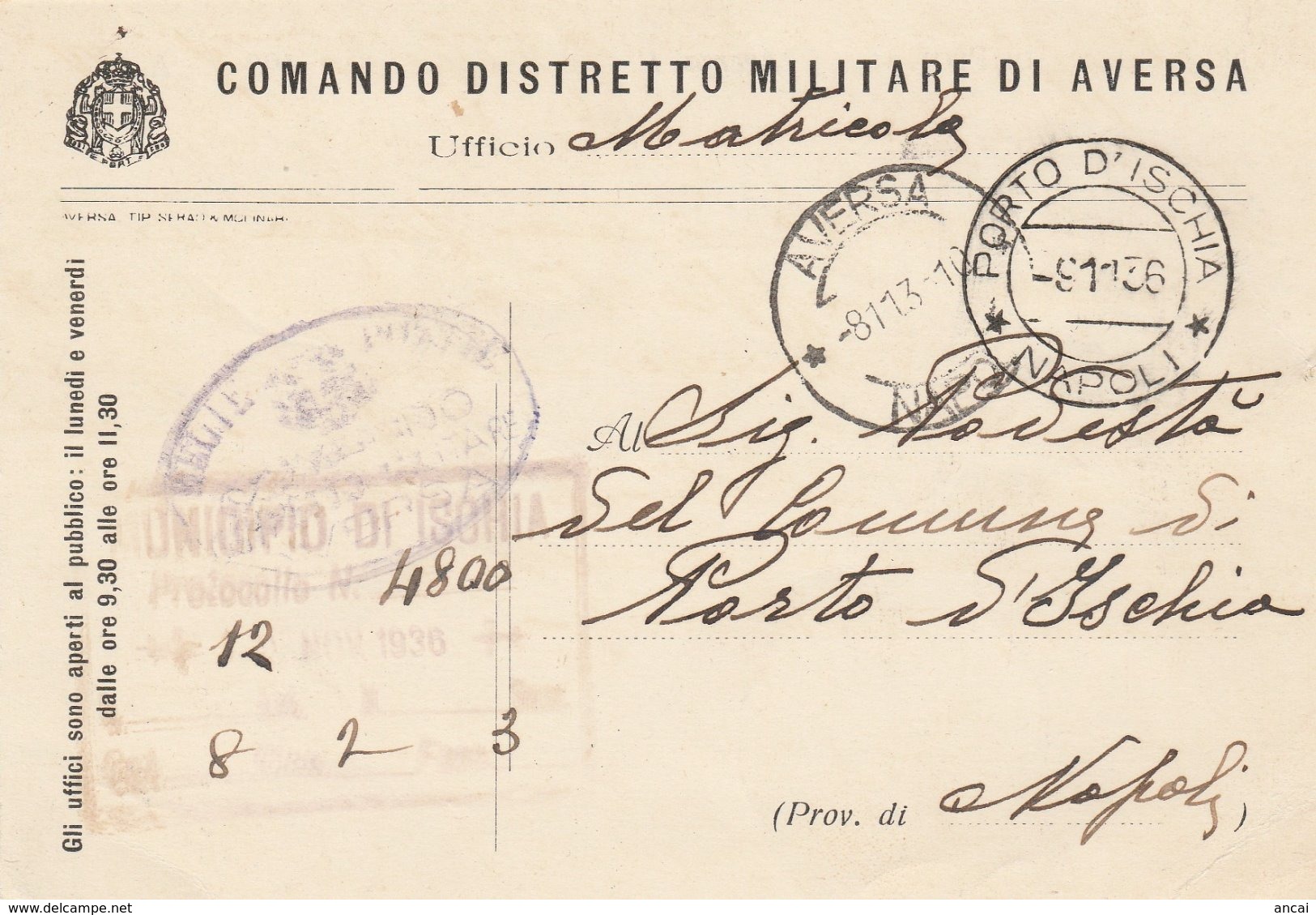 Aversa. 1936. Cartolina Da Aversa Ad Ischia, Del COMANDO DISTRETTO MILITARE DI AVERSA - Documenti