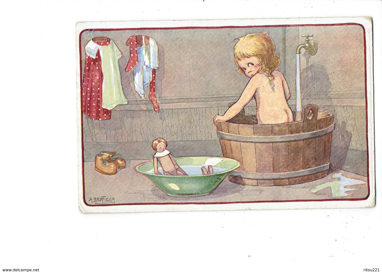 Cpa Illustration Bertiglia, FILLETTE Nue TOILETTE Bassine ROBINET EAU Poupée - 1060/4 - Bertiglia, A.