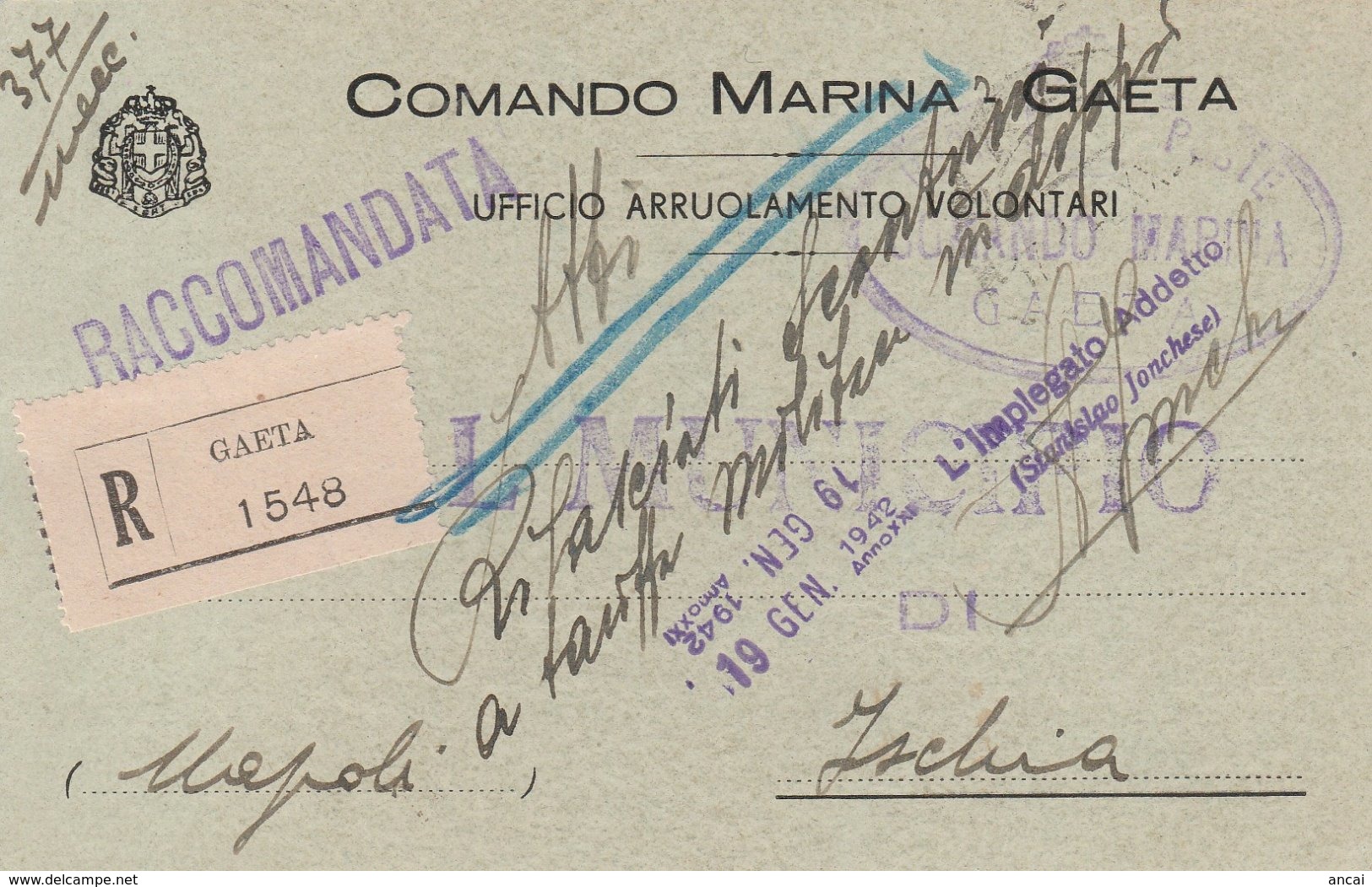 Gaeta. 1942. Cartolina Raccomandata Da Gaeta Ad Ischia, Del COMANDO MARINA GAETA, UFFICIO ARRUOLAMENTO VOLONTARI - Documenti