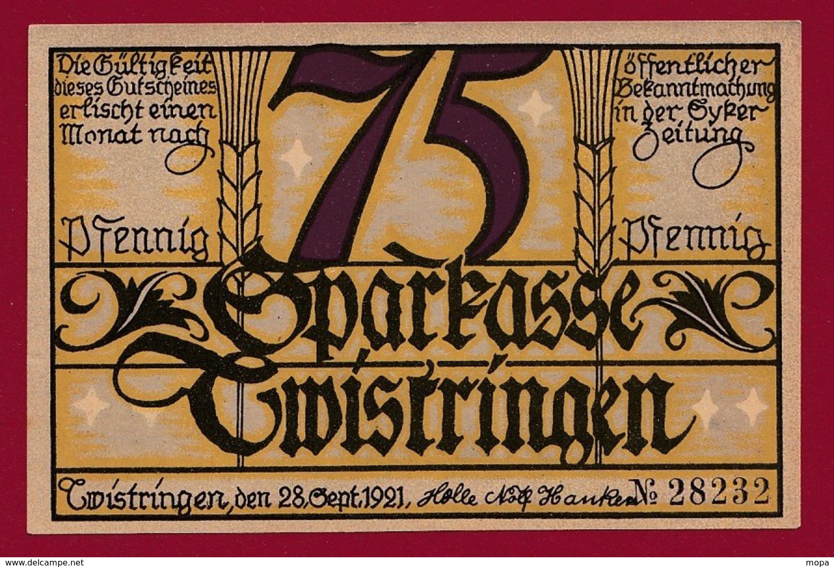 Allemagne 1 Notgeld 75 Pfenning Stadt Twistringen (Série Complète 3 Notgeld) (RARE)  Dans L 'état N °4761 - Collections