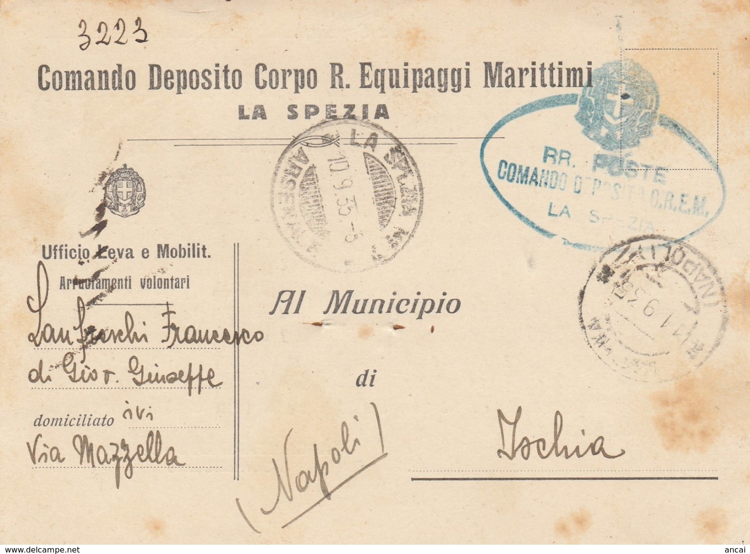 La Spezia. 1935. Cartolina Del COMANDO DEPOSITO CORPO R. EQUIPAGGI MARITTIMI + Ovale - Documenti