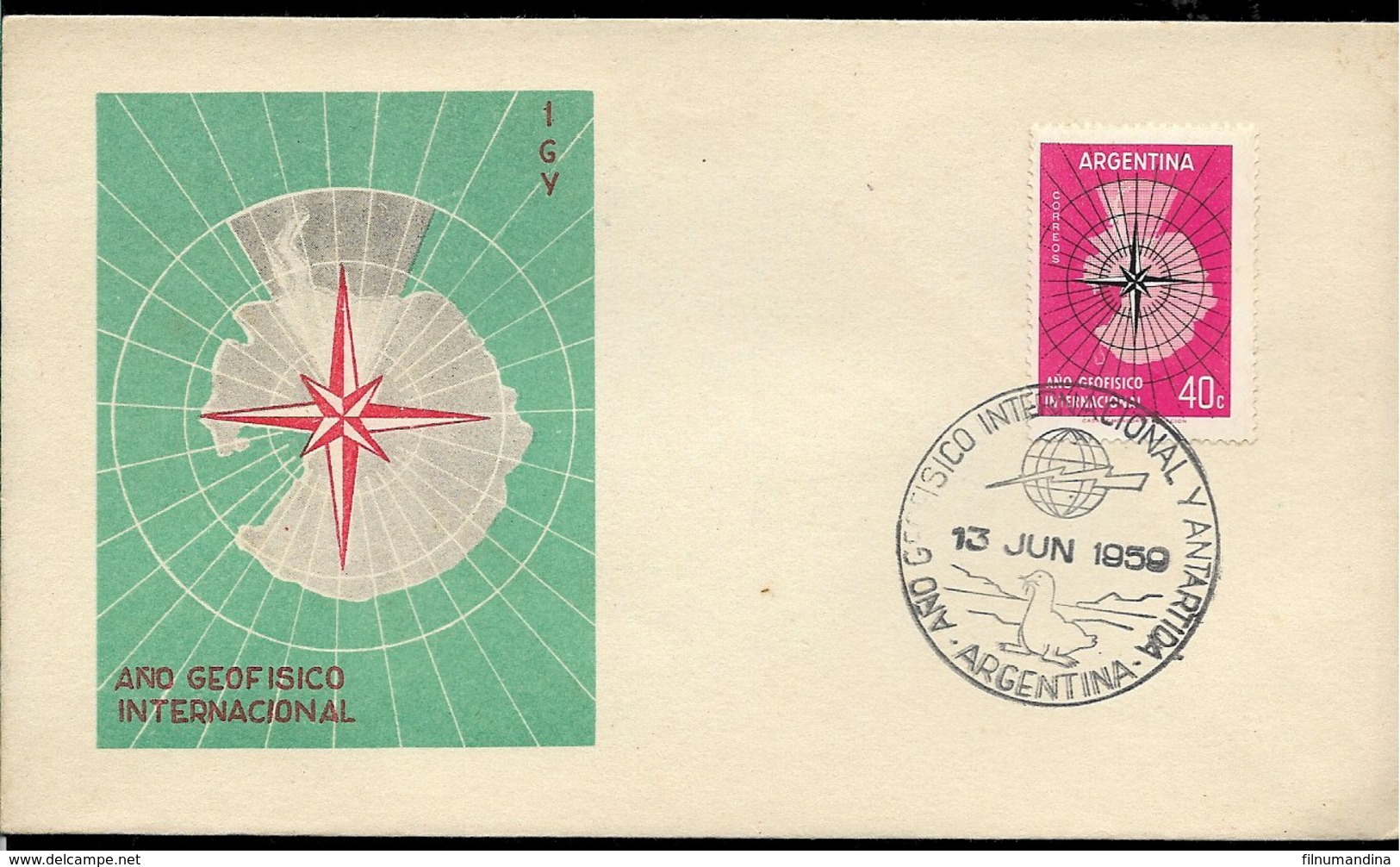 AANT-93 ARGENTINA ANTARCTIC 1958 GEOPHISIC INTERNATIONAL YEAR MAP SPECIAL CANCELATION - Année Géophysique Internationale