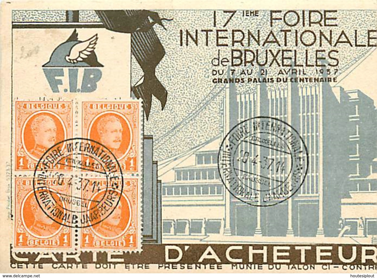 Belgique. TP 190 (x 4)  Carte D'acheteur Obl. Foire Internationale  Internationale Jaarbeurs Bruxelles-Brussel  1937 - 1922-1927 Houyoux