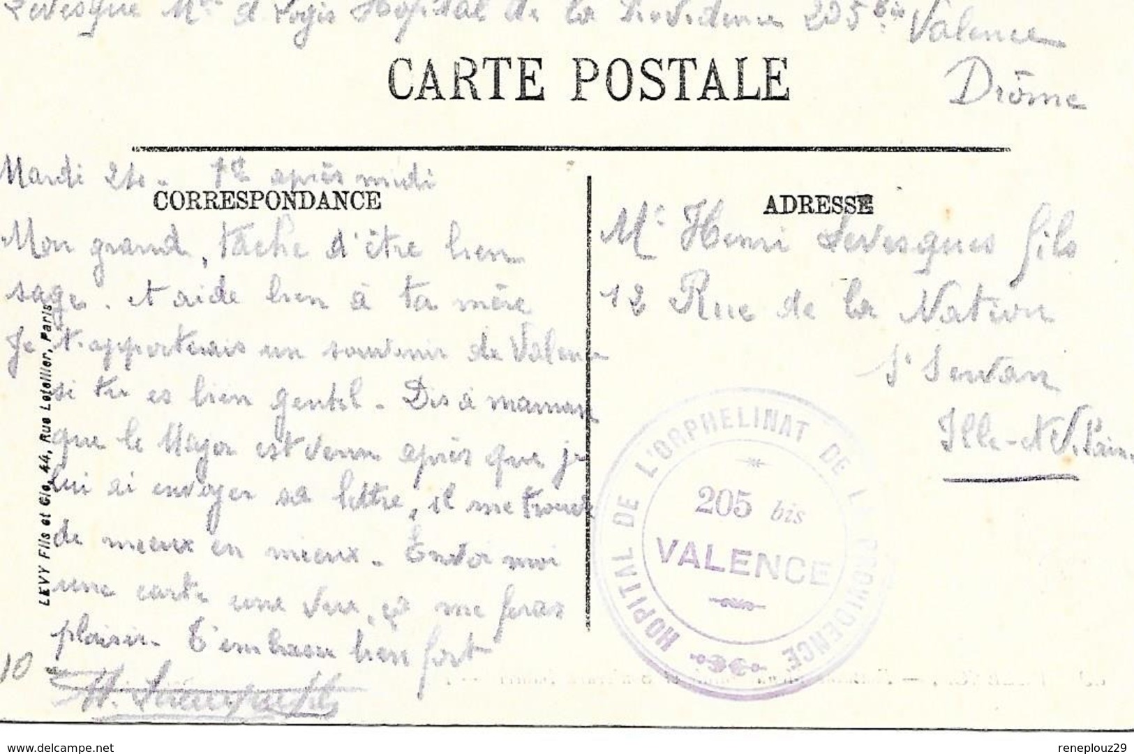 26-cachet Hôpital De L'Orphelinat De La Providence N°205 Bis Valence Sur CP - 1. Weltkrieg 1914-1918