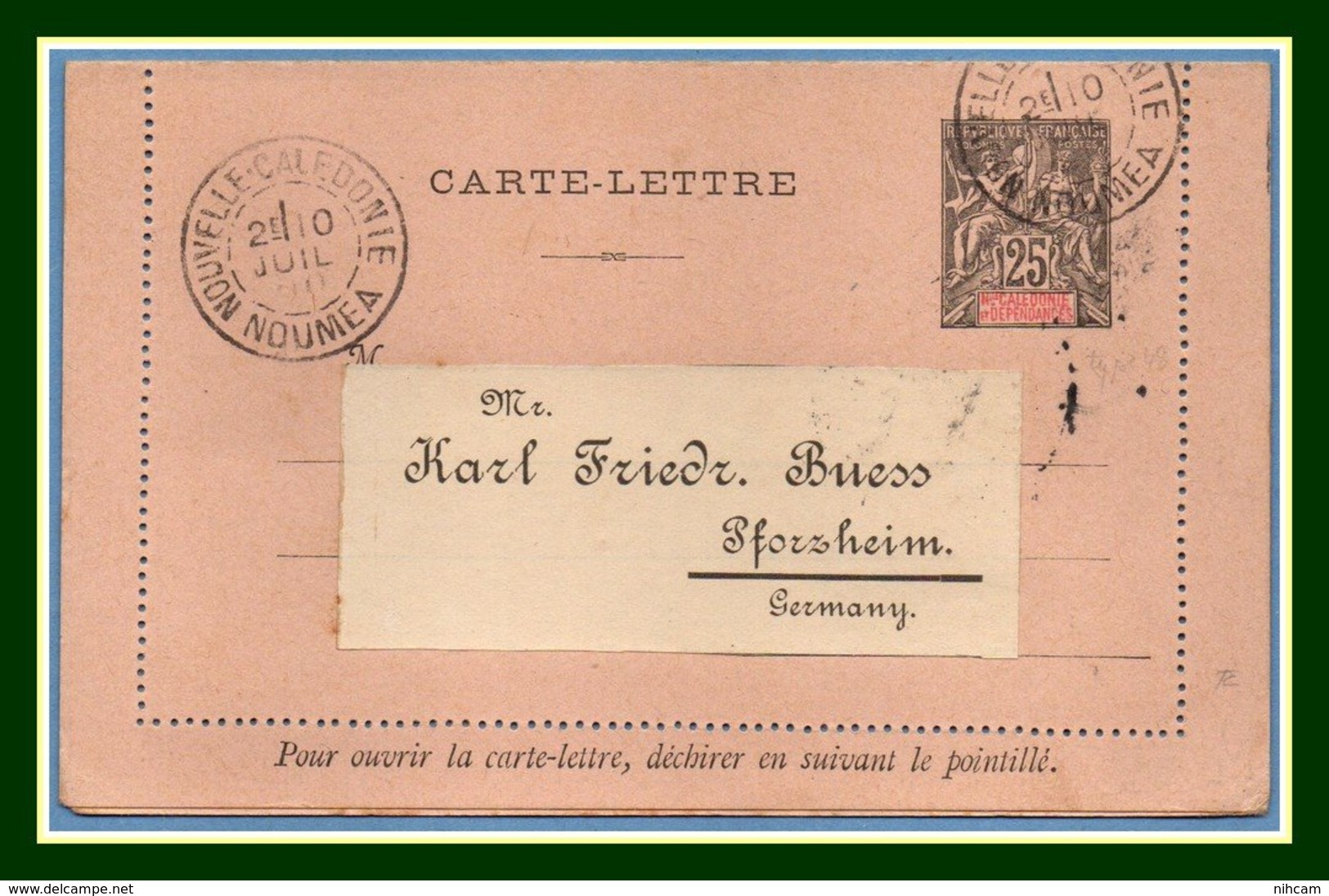 Nouvelle Calédonie Entier Postal Stationery CL Mouchon 25 / Rose Obl Nouméa 1900 > Pforzheim Germany Allemagne - Ganzsachen