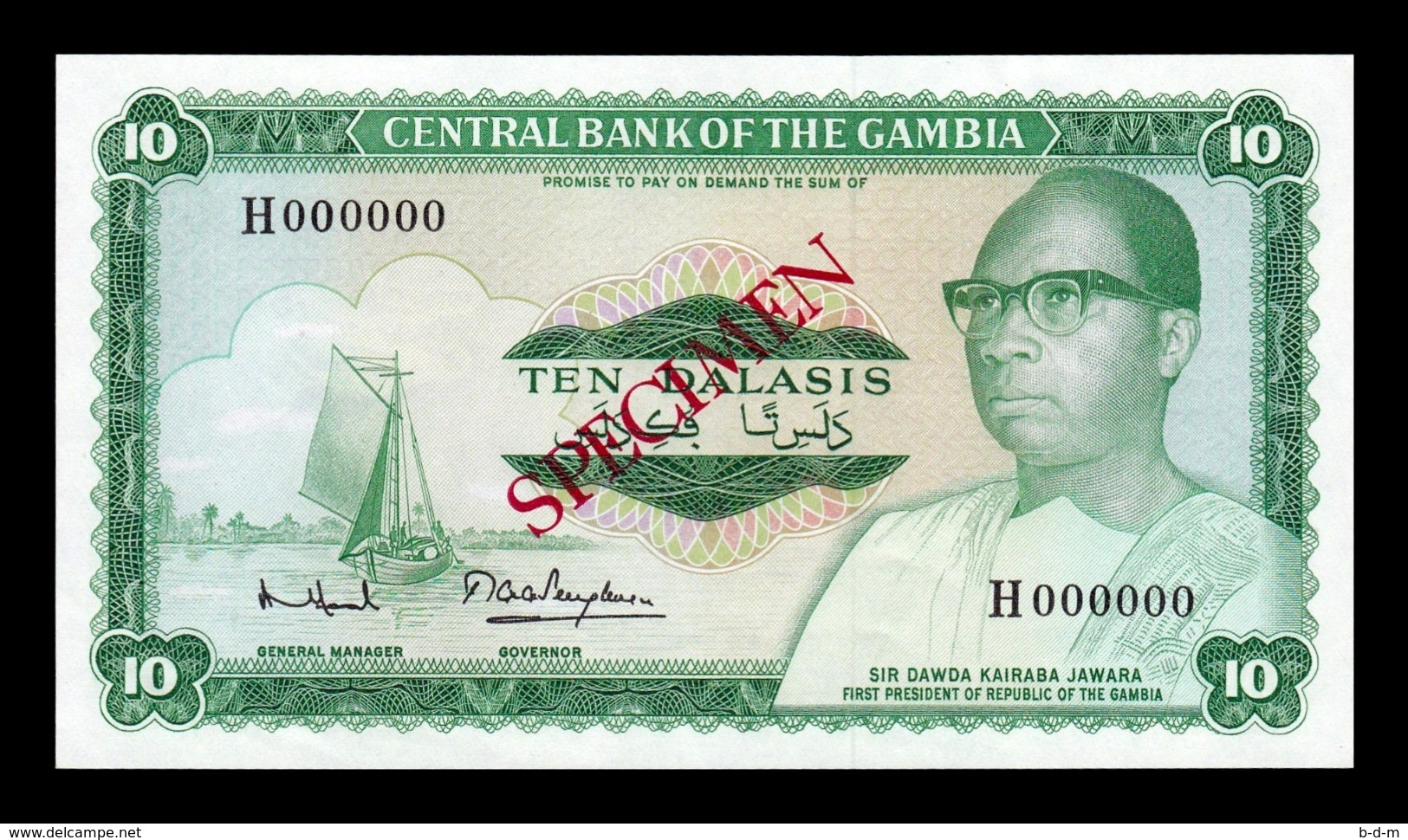 Gambia 10 Dalasis 1972-1986 Pick 6c Specimen SC UNC - Gambia