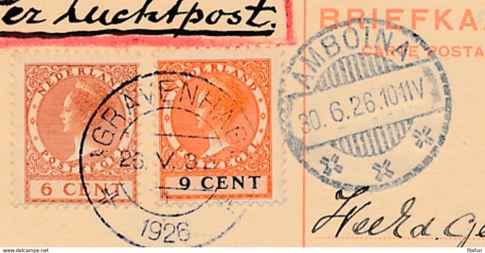 Nederland / Nederlands Indië - 1926 - 6 & 9 Cent Veth Op Briefkaart G197 Met Speciale Vlucht Via Marseille Naar Amboina - Nederlands-Indië