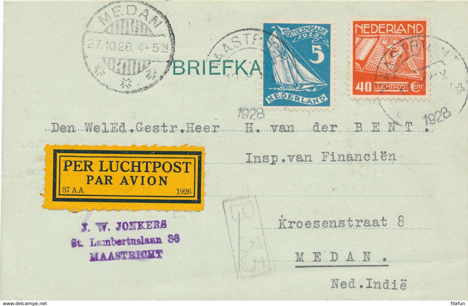 Nederland / Nederlands Indië - 1928 - 5 Cent Olympiade En 40 Cent Luchtpost Op 5e Proefvlucht Van Maastricht Naar Medan - Nederlands-Indië
